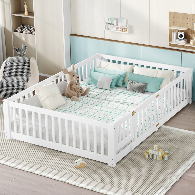 Queen Size Floor Bed for Kids with Safety Guardrails and Play Door, White, Montessori Kids Bedroom Bed, Queen, White