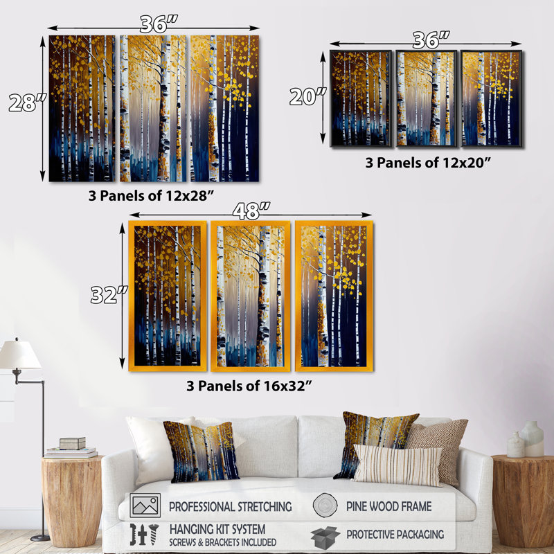 Into A Golden Birch Forest VII - ensemble d'art mural sur toile paysage, H 28 po x l 36 po x P 1 po, Encadrement doré