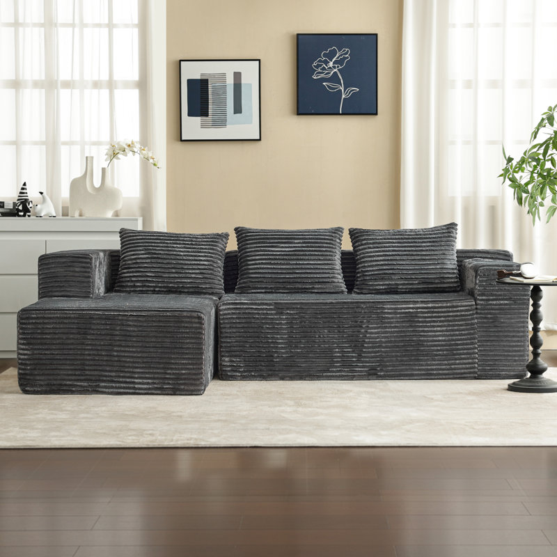 Boneless L-Shaped Deep Seat Modular Sectional Sofa, Corduroy Upholstered Cloud Boneless Couches With Side Pockets