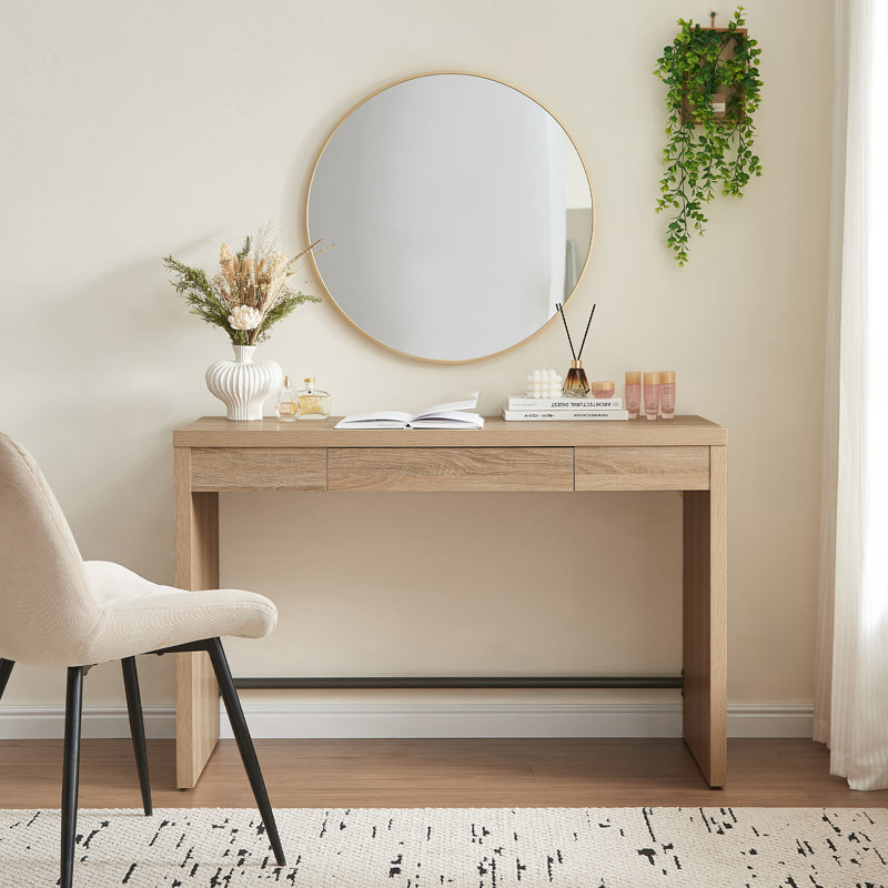 Boho Minimalist Wood Desk With Hidden Drawer, Light Oak