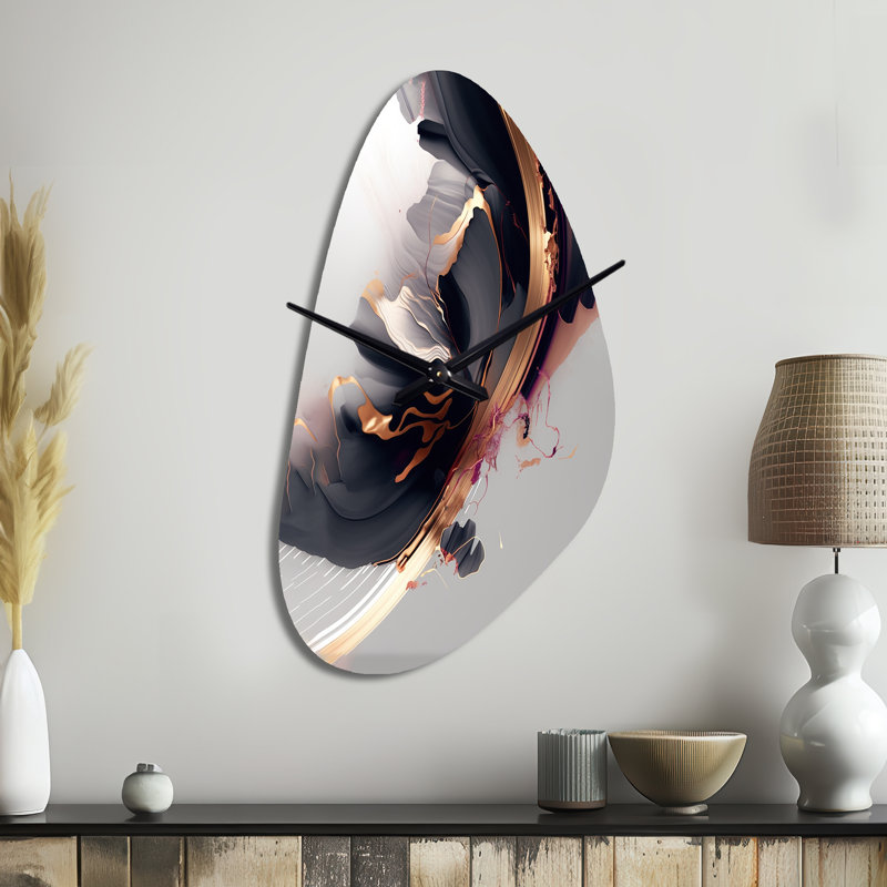 Lade Rosegold Black Transcendant Complexity I - Horloges abstraites en métal de forme unique, horloge murale asymétrique en métal doré