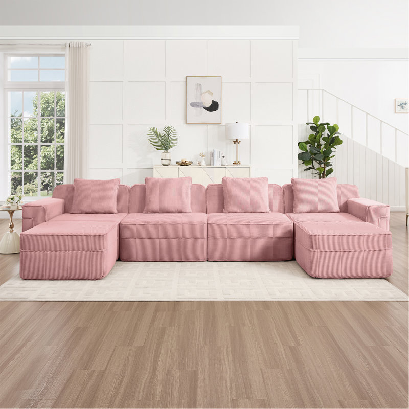 Canapé modulaire modulaire en forme de U sans siège à 4 places, canapé modulaire Cloud avec assise profonde, canapé modulaire moderne à 4 places avec coussins décoratifs et 2 repose-pieds amovibles, tissu en velours côtelé
