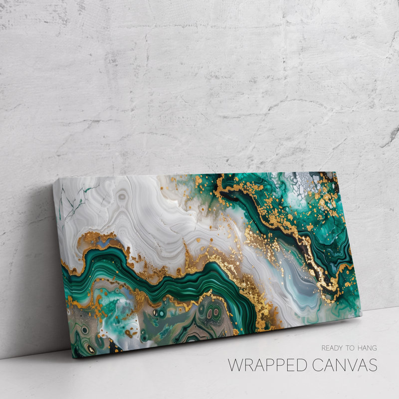 Abstract Geode Wall Art Print or Canvas, Emerald And Gold Marble Shape Decor, Wrapped Canvas, 16'' H x 32'' W x 1.5'' D