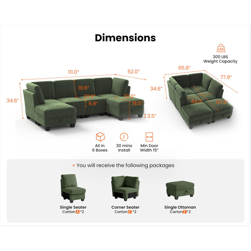 Modular Sectional Sofa Corduroy Couch, Customizable U-Shaped Sofa Oversized L-Shaped Sofa Set (6 Seater Compact Sleeper)