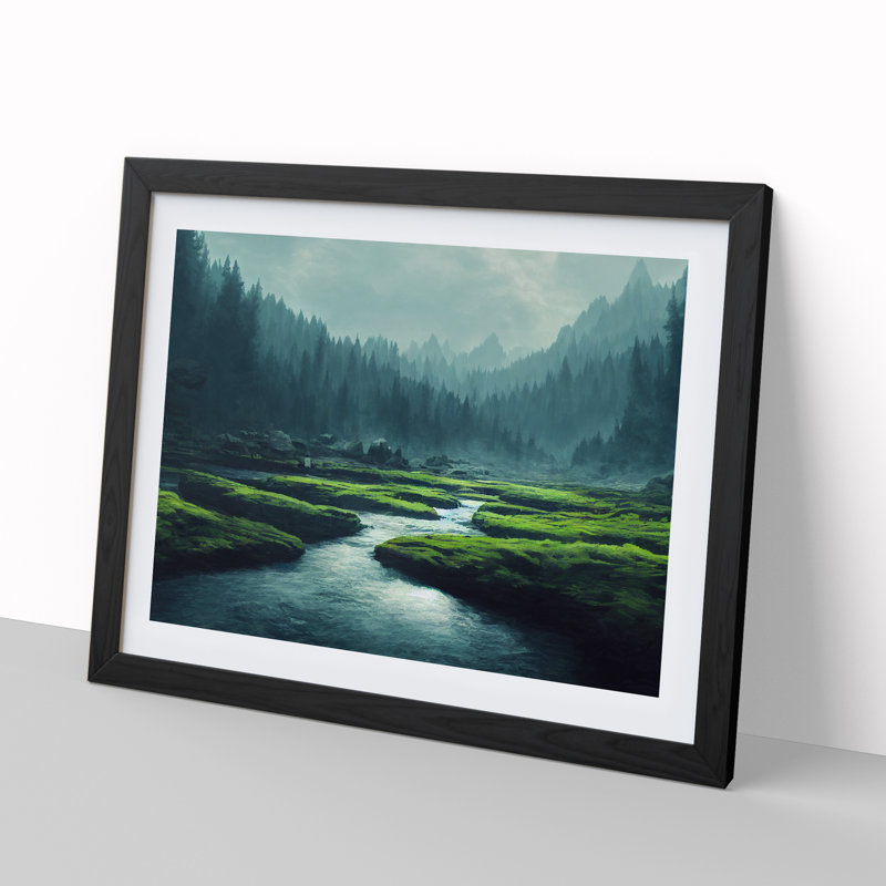 XH1022-7153X Pretty Forest River 1 Piece Single Picture Frame Wall Art, 46cm H x 64cm W x 2cm D, Black Framed