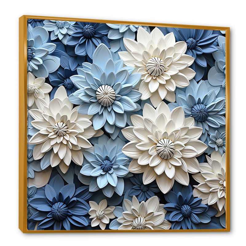 Zinnias blanc et bleu minimalisme encadré sur toile, Cadre flottant doré, H 36 po x l 36 po