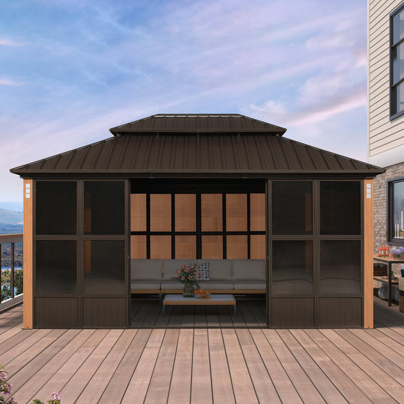 PURPLE LEAF 12'W x 16'D Bronze Aluminum Solarium with Double Roof All-Weather Hardtop Gazebo & Screen House for Patio