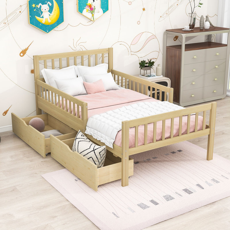 Lit plateforme en bois avec garde-corps et deux tiroirs, Lit simple