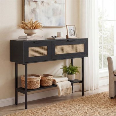 Armoire de rangement en rotin noir avec tablette ouverte 40 po