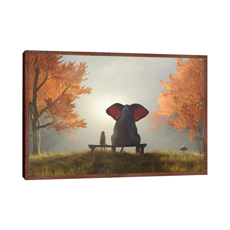 Elephant And Dog Sit In The Autumn Garden II by Mike Kiev - Print on Canvas, 66.04 cm H x 45.72 cm W