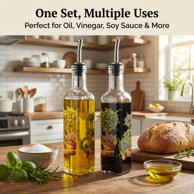 Lot de 2 bouteilles d'huile d'olive de 255 ml (9 oz), distributeur en verre avec bec verseur en acier inoxydable | Versement anti-gouttes | Bouchon anti-poussière | Rangement sur le comptoir | Convient à l'huile et au vinaigre