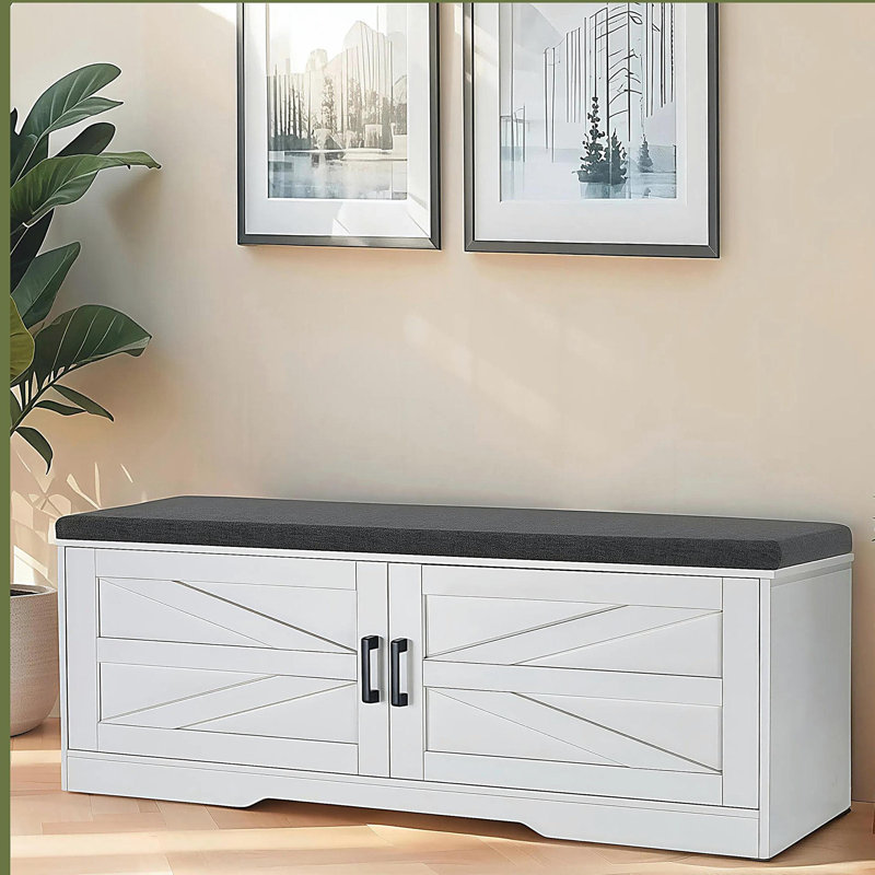 2-Tier Storage Bench, Shoe Bench with Padded Seat Cushion, Entryway Bench with 2 Barn Doors & 2 Adjustable Shelves