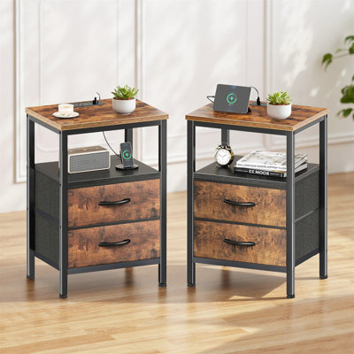 Night Stand With Charger Station, 2 Drawer Nightstand, Bed Side Table With Fabric Dresser End Table For Bedroom