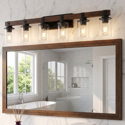 Luminaire de meuble-lavabo mural industriel 6 lumières avec abat-jour en verre transparent et décorations en bois