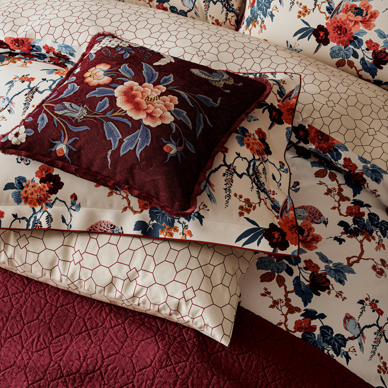 Chinoiserie Charm Cotton Floral Bedding with Pillowcases, Single Dovet Cover + 1 Oxford Pillowcase