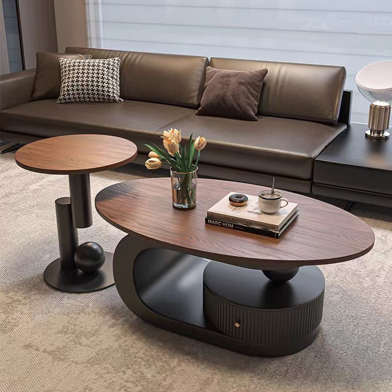 Pied de table seulement, ensemble de 2 tables basses gigognes de luxe, tables avec rangement pour salon, ensemble de tables ovales et rondes, table basse noire, table cocktail, table d'appoint, grande 120 cm, petite 49 cm