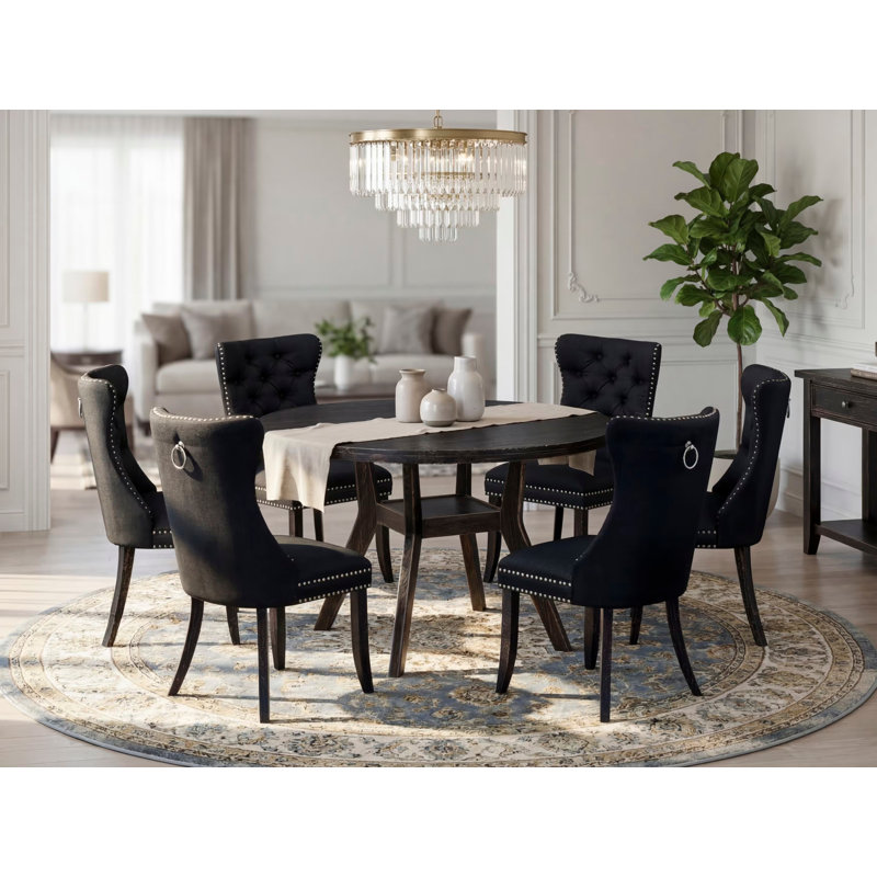 L'ensemble de salle à manger moderne 7 pièces se compose d'une table en bois et de 6 chaises modernes en tissu de polyester noir avec dossier capitonné - Noir sablé