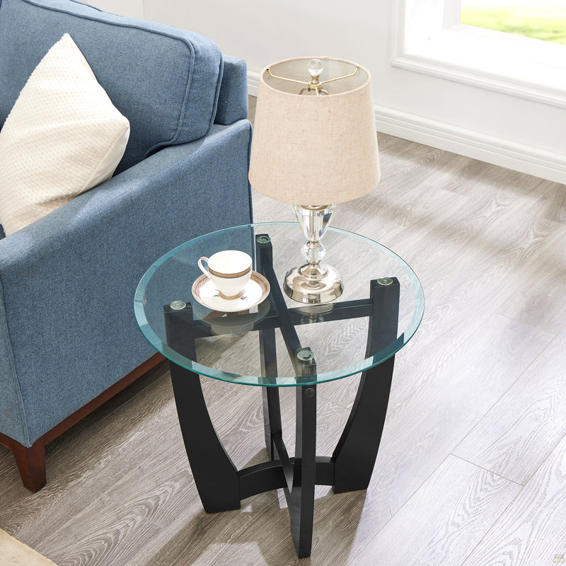 23.5 Inch Round Glass Coffee Table, Black Round Coffee Table Center Table With Glass Top, Black