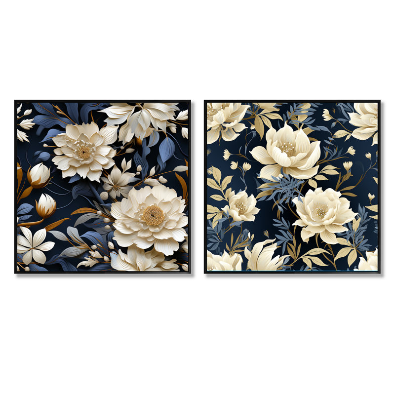 Ensemble de 2 collages industriels carrés ivoire et bleu à motif floral industriel, Cadre flottant blanc, H 36 po x l 73 po