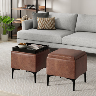 Natasha 18"W Upholstered Square Storage Ottoman with Tray Top and Metal Legs