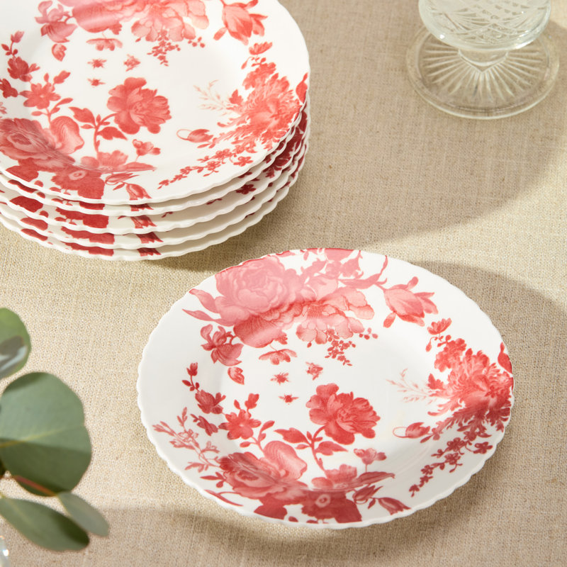 Gabrielle Rose Porcelain Canape Plate Set of 6, 6‑inch assorted scalloped floral toile plates with interior and rim artwork, classic rose and white tableware for appetizers, desserts