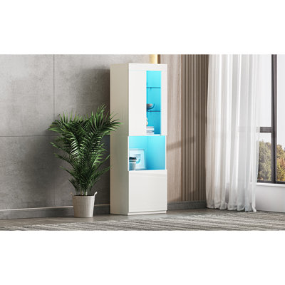 Armoire ultrabrillante avec bande à DEL, hauteur de 66,9 po, pour différentes pièces, tablettes en verre trempé à affichage blanc et base sécurisée, haute