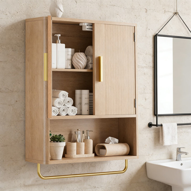 Armoire de salle de bain murale avec panneau de porte cannelé et tablette réglable, armoire à pharmacie flottante avec tablette ouverte et barre à serviettes, armoire de rangement pour salle de bain, salle de lavage et cuisine