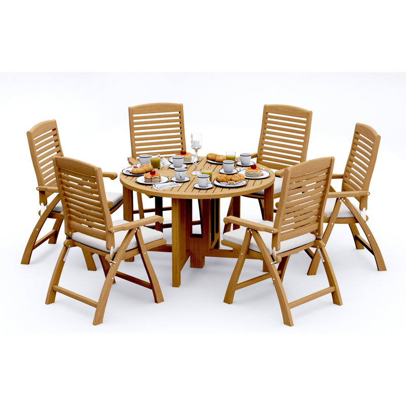 6 Seats 7 Pcs Grade-A Teak Wood Dining Set: 48" Round Butterfly Table And 6 Ashely Folding Reclining Arm Chairs #11AS0906, 6
