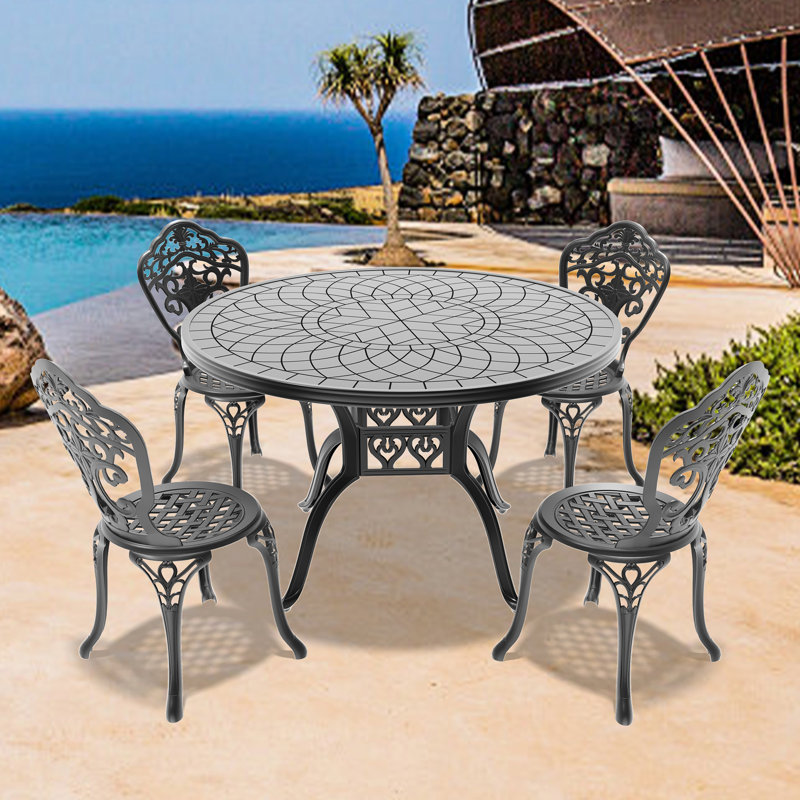 5 Cast Aluminum Outdoor Dining Configuration, Black Frame, Fine Lines, Ergonomic Seating Relief, Weather & Corrosion Surface, Slip Foot Support, Straightforward Assembly All-Weather Union, Framed,