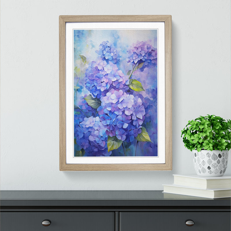 Hydrangea Impressionism No.2 - Single Picture Frame Print on Wood, 64cm H x 46cm W x 2cm D, Oak Framed