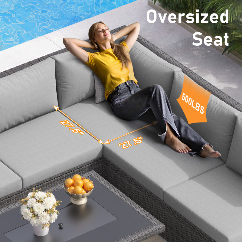 7-Piece Outdoor Rattan Sectional Conversation Set With Tables, Modular Patio Furniture Set With Cushio, Gray/Light Gray, No