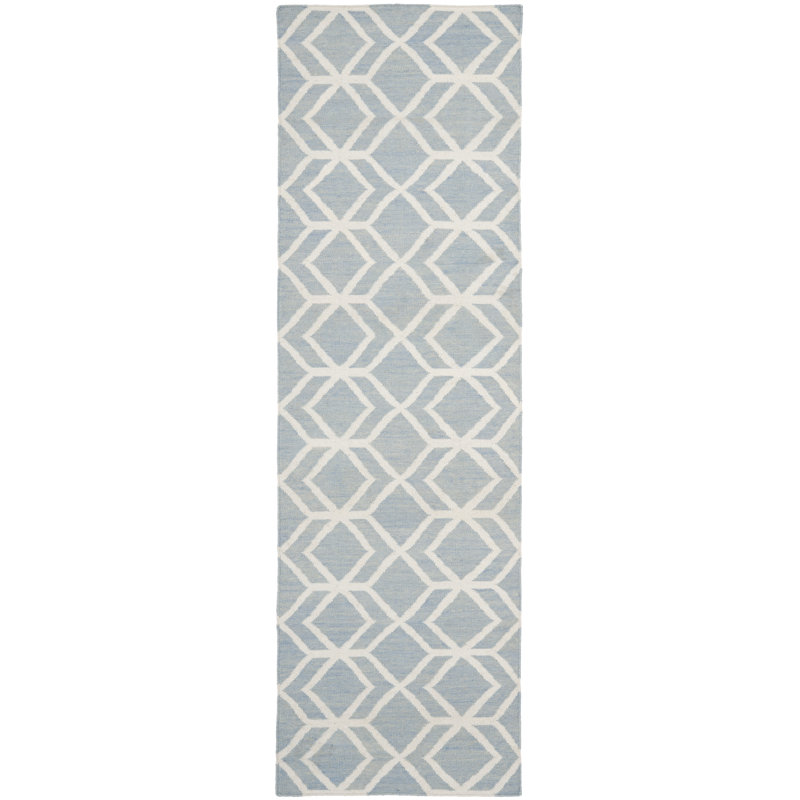 Tapis géométrique en laine / coton tissé à la main Rodgers - bleu / ivoire, Tapis de couloir 2 pi 6 po x 8 pi