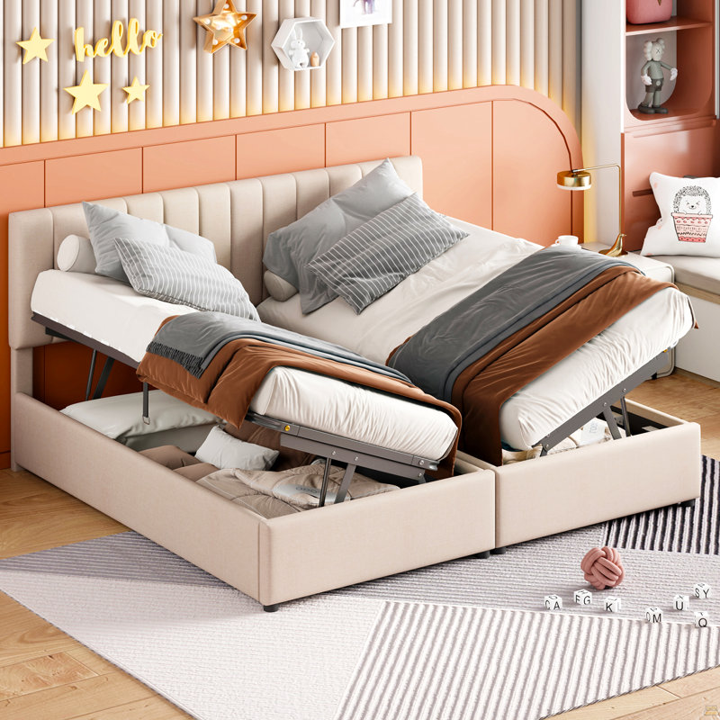 Très grand lit plateforme tapissier avec système de rangement hydraulique, beige