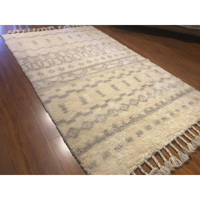 Hand Knotted Tangier Rug 6x9 Wool Area Rug, Cream Moroccan Style Tribal Carpet, Neutral Boho Shag Handmade Rug