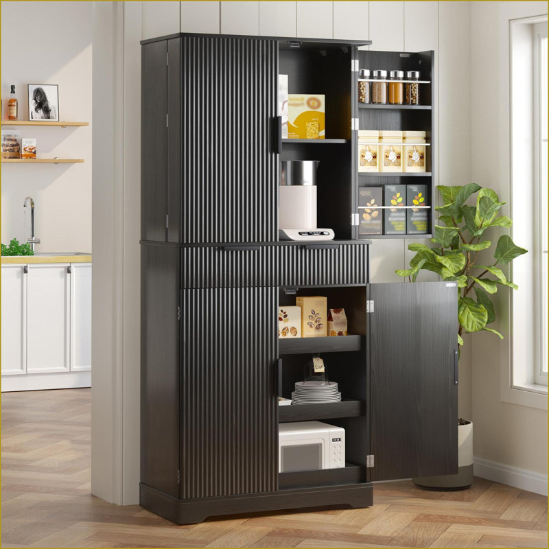 72\" Fluted Kitchen Pantry Cabinet with 3 Keyboard Drawers &amp; 6 Adjustable Shelves, Black Anti-Tilt | Freestanding | MDF