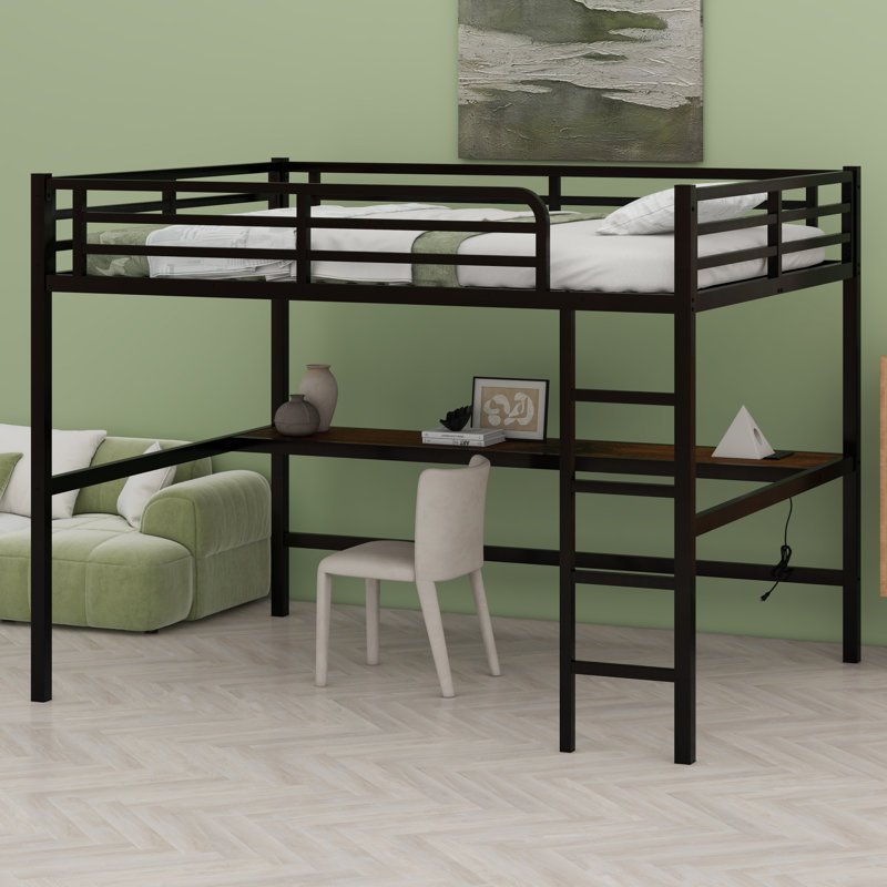 Metal Loft Bed With Power Outlet And LED Lighted, Space-Saving, Black