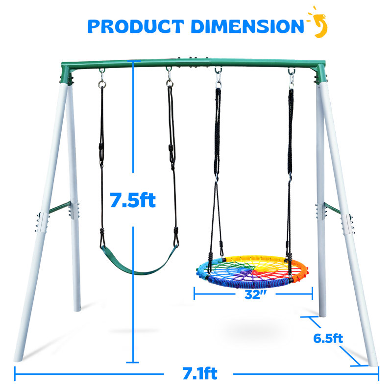 7.5' Heavy Duty Tall Swing Sets For Backyard For Kids And Adults, White/Green