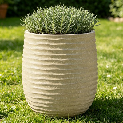 15” Dia Wavy Texture Concrete Planter Set with Drainage Hole, Round Indoor Outdoor Plant Pots in Beige