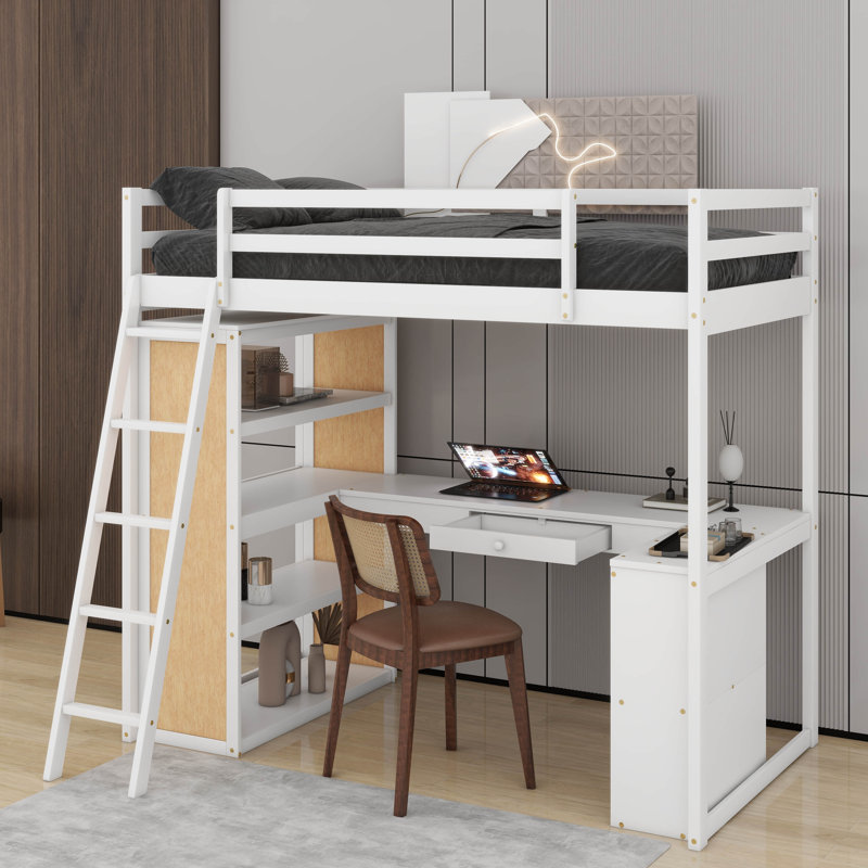 Lit mezzanine simple avec échelle, tablettes et bureau