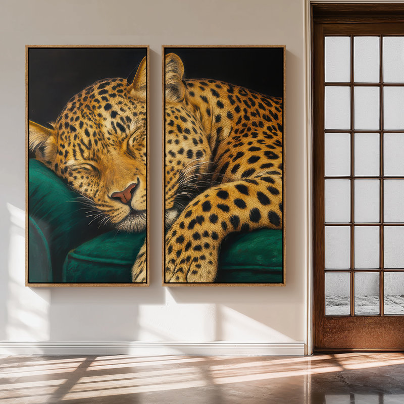 «Sleeping Leopard on Emerald Sofa Art», ensemble de 2 reproductions d'art encadrées sur toile 60 po x 30 po x 2 pièces