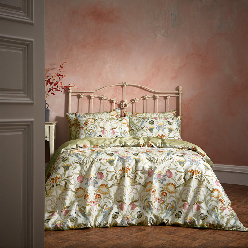 Cotton Floral Duvet Cover Set with Pillowcases, Double - 2 Standard Pillowcases, Cream