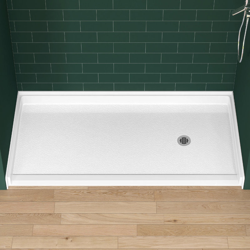 L 72 po x l 36 po Base de douche simple à seuil bas ADA avec drain à droite, bac de douche en acrylique antidérapant et base, plateau de douche blanc brillant avec ensemble de drain, base de douche à bride à carreaux à 3 côtés pour alcôve à 3 parois Installation