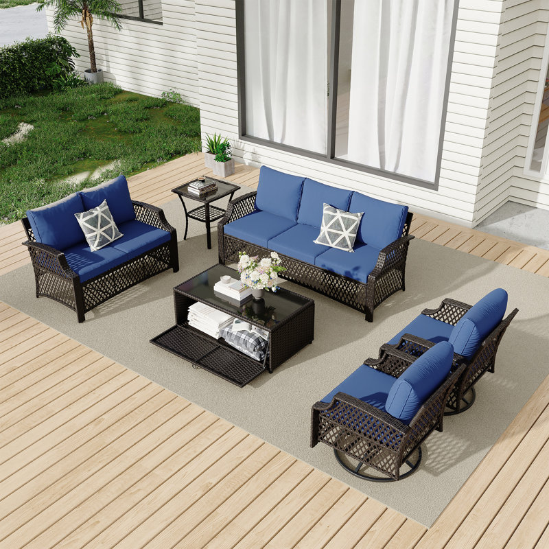 6 Piece Patio Furniture Set, Wicker Outdoor Conversation Sofa Set With Swivel Chairs, Loveseat, Storage Coffee Table