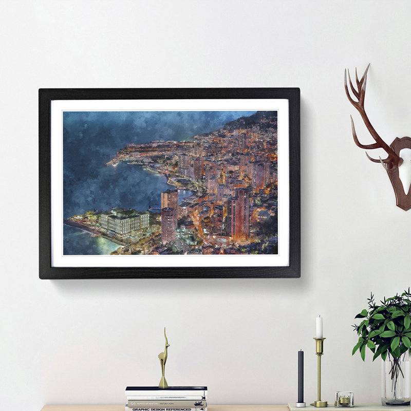 Monte Carlo Skyline in Monaco - Picture Frame Graphic Art Print, 45cm H x 63cm W x 2cm D, Black Framed