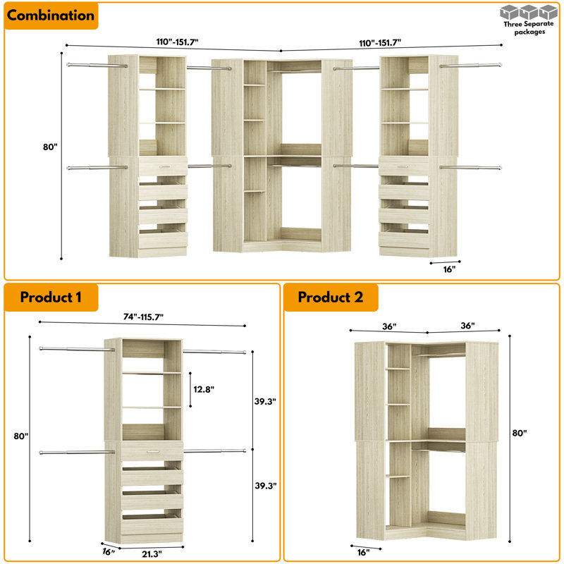 57.3"-151.7" Adjustable Closet System With 8 Drawers And 8 Clothes Rods, Oak Wood