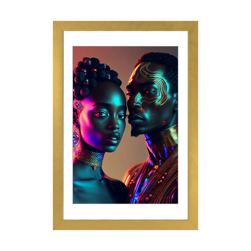 Afrofuturist Monarchie africaine, reine et roi II, Cadre doré à coins ouverts, H 24 po x l 16 po