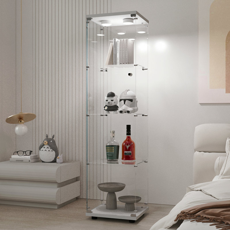 Vitrine en verre trempé, porte-bouteilles, lumière à pile, pieds réglables - blanc, White, 64.69" H x 15.67" W x 13.58" D