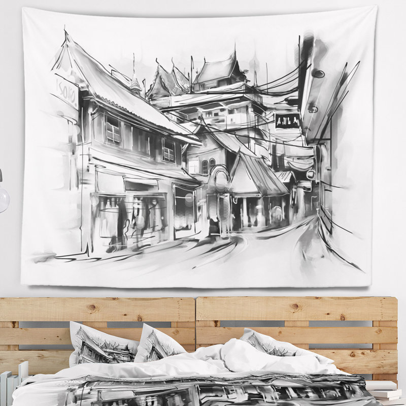 Tapisserie d'illustration de rue de ville Cityscape, H 50 po x l 60 po