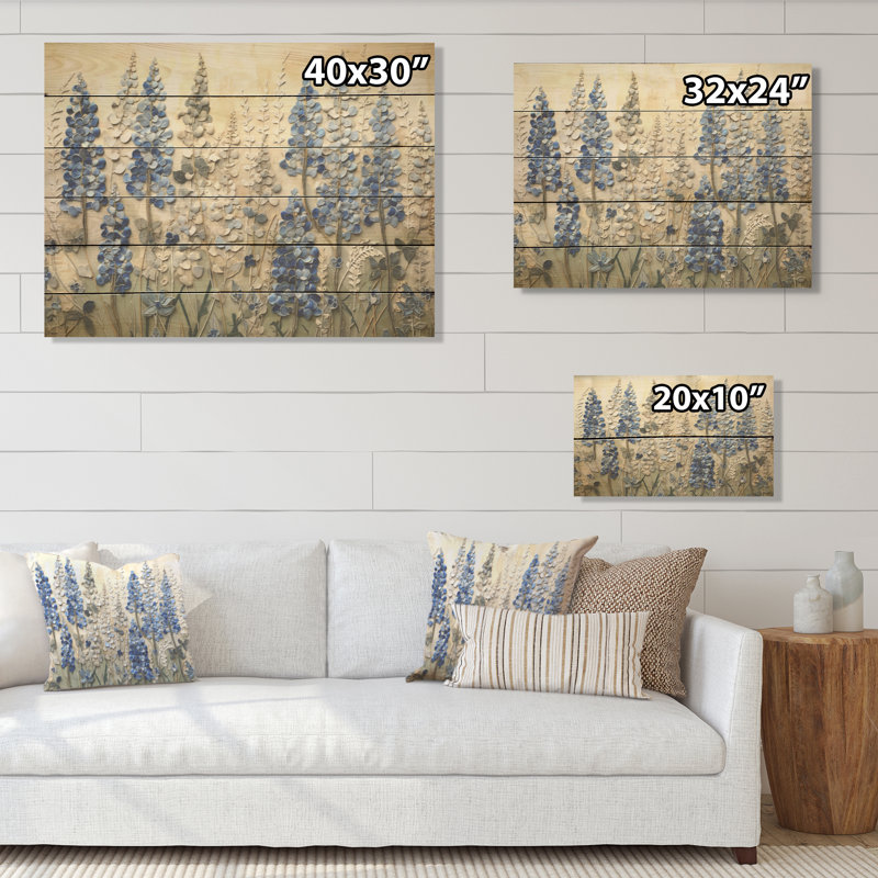 Minimalisme bleu blanc Bonnets - Blue Bonnets Art mural sur bois de pin naturel, H 24 po x l 32 po