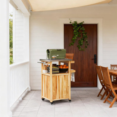 Îlot de cuisine en bois, chariot de barbecue extérieur, avec plateau en acier inoxydable, roues, trou intégré